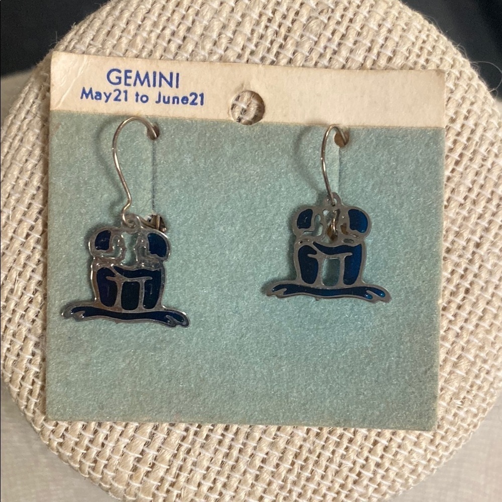 70s vintage Gemini Zodiac Earrings in Blue and Silver